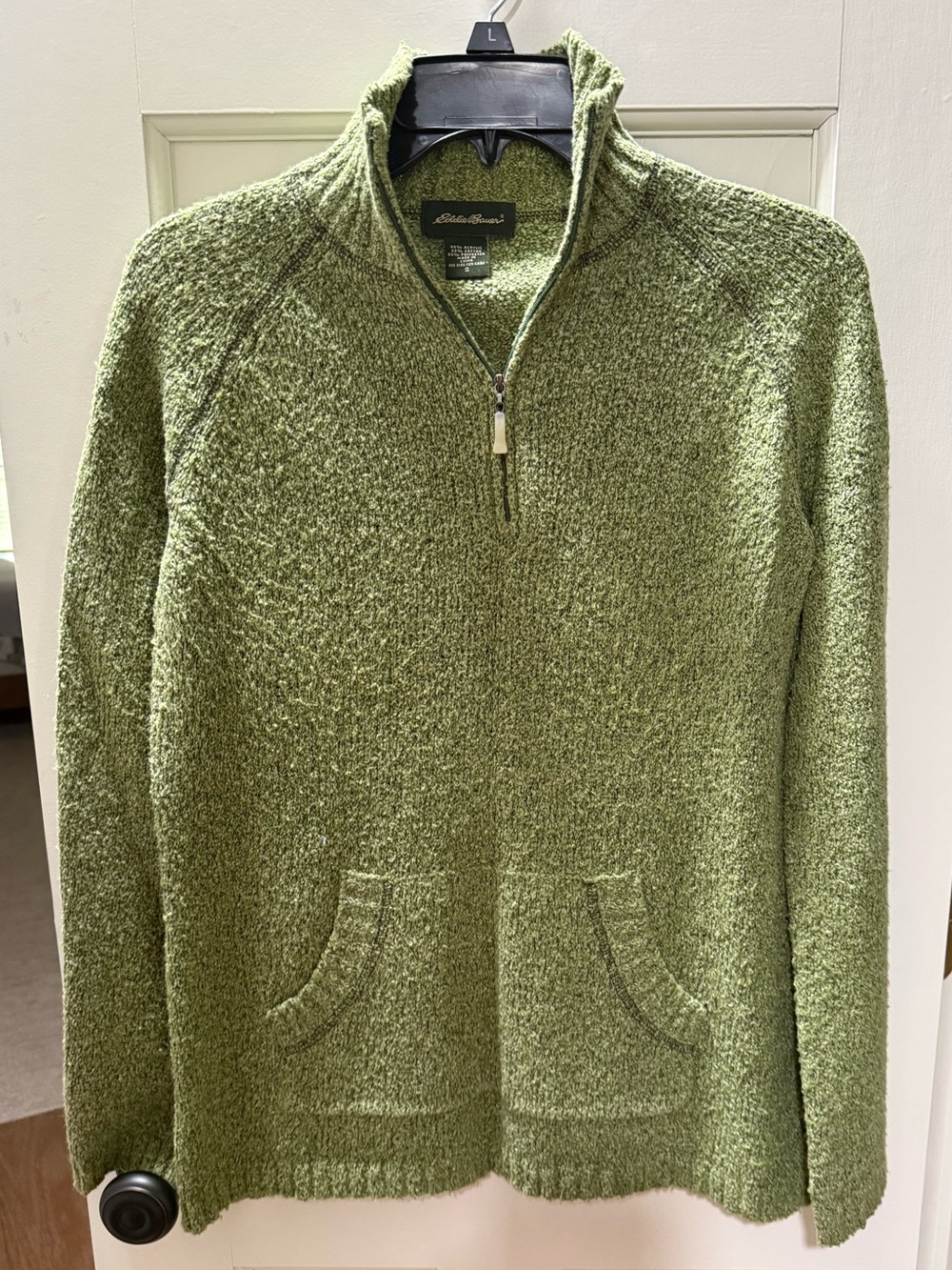 Eddie Bauer Olive Green Bouclé Half‑Zip Teddy Pullover